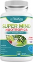 Super Mind - Nootropics Cognitive Enhancer - Brain Boost Supplement with Natural Ingredients - Bacopa Monnieri - Rhodiola Rosea - Ginkgo Biloba - Vitamina B12-60 Vegan Capsules Made in USA