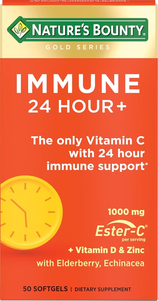 Naturens Bounty Immuno24 Hour +, Den eneste C-vitamin med 24 timers immunostøtte fra Ester- C, 1000 mg C-vitamin, D & Zink, Gluten Free, Rapid Release Softels, 2 Softgels per dag, 50 Greve