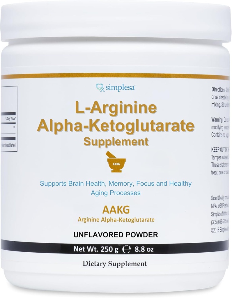 Simplesa AAKG Arginine Toz, L-Arginine Alpha-Ketoğlutarate Supplement, 2000mg Xidmət, Brain Health, Memory, Focus və Sağlamlıq prosesləri, 250g Toz