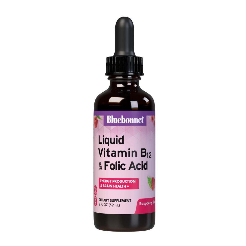 Bluebonnet Nutrition Liquid Vitamin B1 & Folic Acid, for Energy Boost, Soy-Free, Gluten-Free, Dairy-Free, Vegan, 400 mcg of Folic Acid & 1000 mcg of Vitamin B1 Per Serving, Raspberry, 59 Servings, 2 Fl Oz