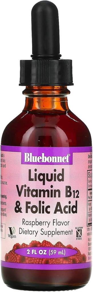 Bluebonnet Nutrition Liquid Witamina B12 & Kwas foliowy, dla Energy Boost *, Soy- Free, Gluten- Free, Dairy- Free, Wegan, 400 µg kwasu foliowego i 1000 µg witaminy B12 Per Serving, 2 fl oz, 59 Służenie