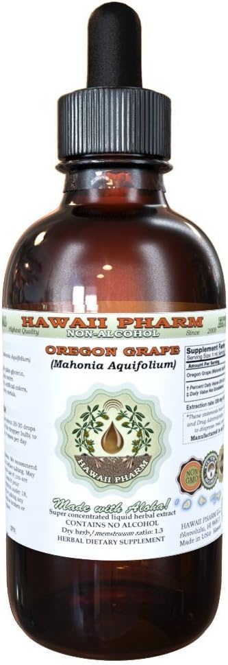 Hawaii Pharm Oregon Grape Alcohol- Free Liquid Extract, Oregon Grape (Mahonia aquifolium) Root Kering Glycerite Natural Herbal Suplemen, USA 2oz