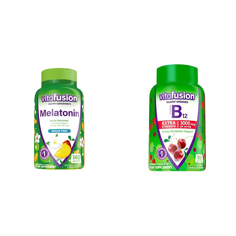 Vitafusion Melatonin 140 Count and Vitamin B12 Gummy Vitamins, 90 Count Cherry Flavor for Energy Metabolism and Nervous System Support