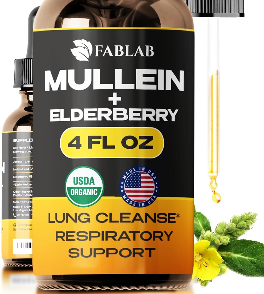 FabLab Mullein Leaf Extract med Elderberry 4 Fl Oz - Made in USA - Drops for Better Lung - Mullein Tincture for Lung Detox - Bronchial Cleanse for Smokers - Respiratory Herbal Supplement