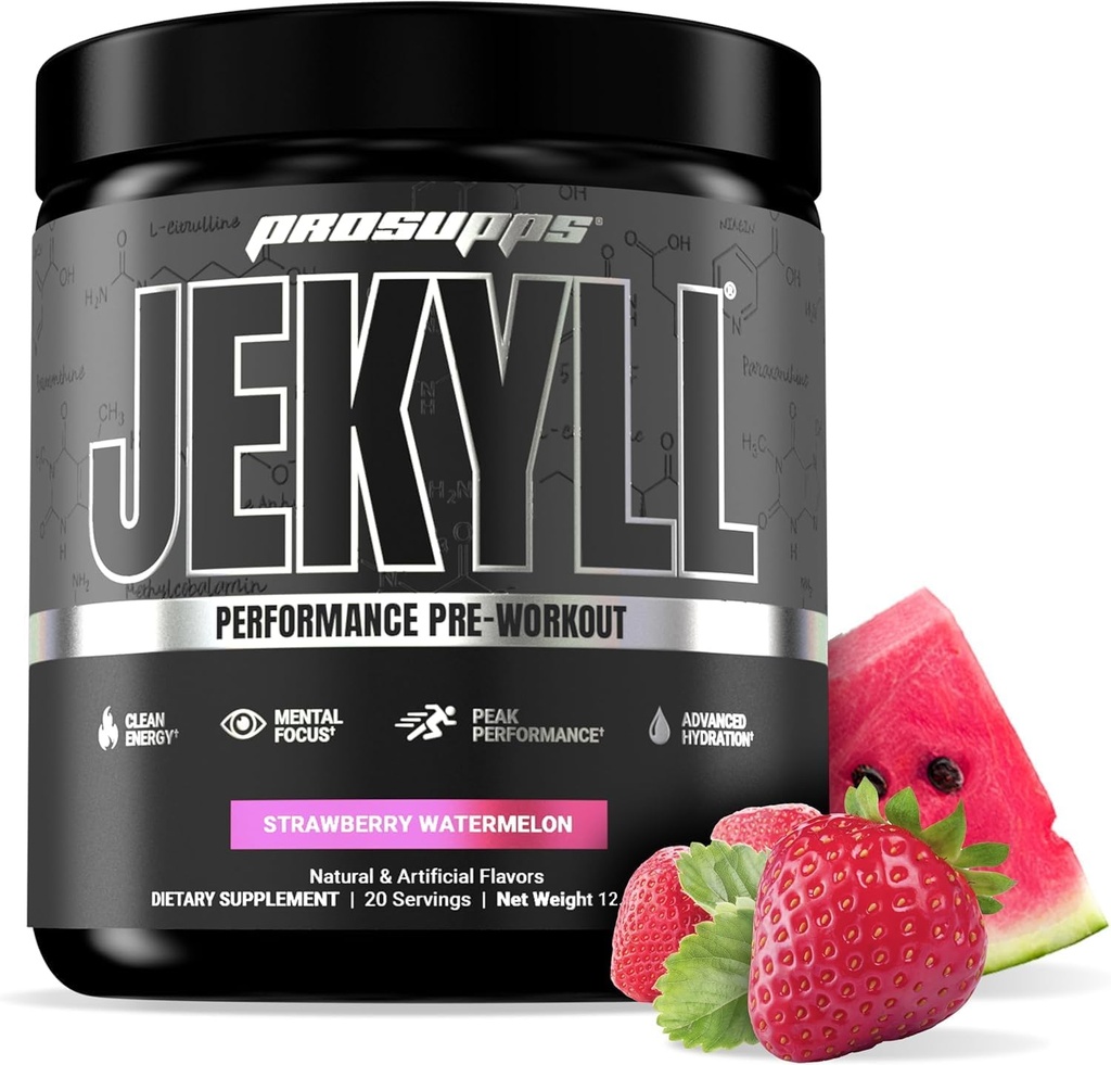 Jekyll Performance Pwout Powder博士 - 低兴奋剂预研支持肌肉增益,聚焦与能源 - 咖啡因无健身和健身补充剂(草莓西瓜,30种服务)