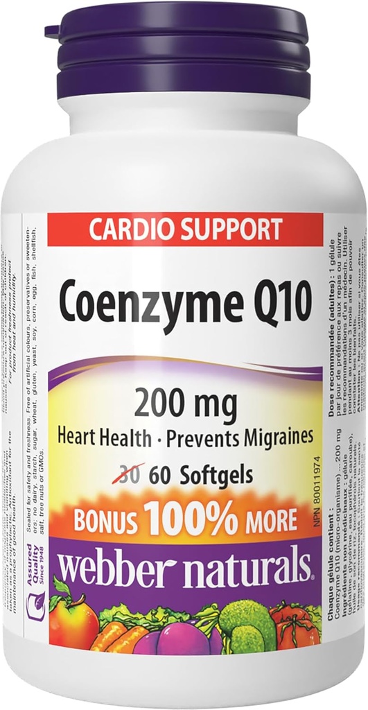 Webmbers ธรรมชาติ Cenzyme Q10 (CoQ10) 200 mg, 60 Softgels, High Potient Antooxident Supplement, for heart and Cellular evation, 60 partive, Gluten Free.