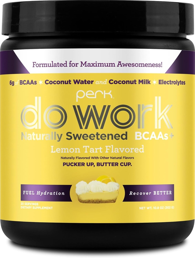 Perk Do Work BCAAs + Hüdratsioon Elektrolüütide Pulber (Naturally Sweetened Lemon Tart Maitsestatud, 20 Servings) - Kookosvee Ja Kookospiimaga