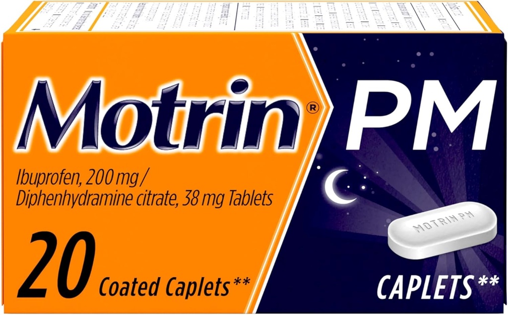 Motrin PM Smärta Relief Caplets med 200 mg Ibuprofen & 38 mg Diphenhydramine Sleep Aid, Nattvard Reliever för Mindre värk & Smärta hjälper dig att somna och sova, 20 ct