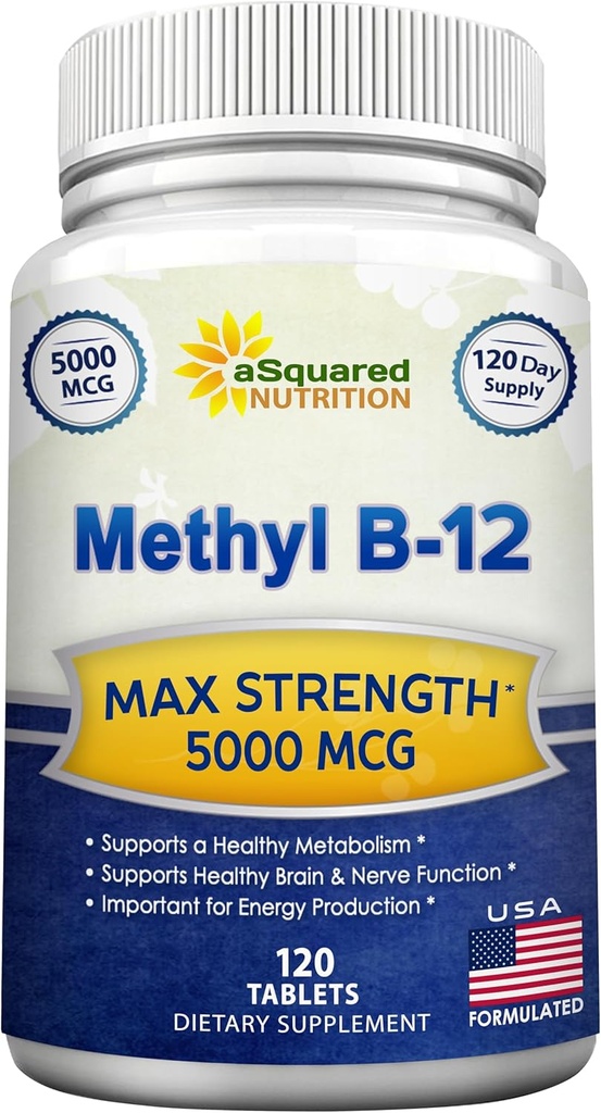 aSquared Nutrition Vitamina B12-5000 MCG Suplemento com Metilcobalamina (Metil B-12) - Max força Vitamina B 12 Suporte para ajudar a aumentar a energia natural, benefício cérebro e função cardíaca - 120 comprimidos