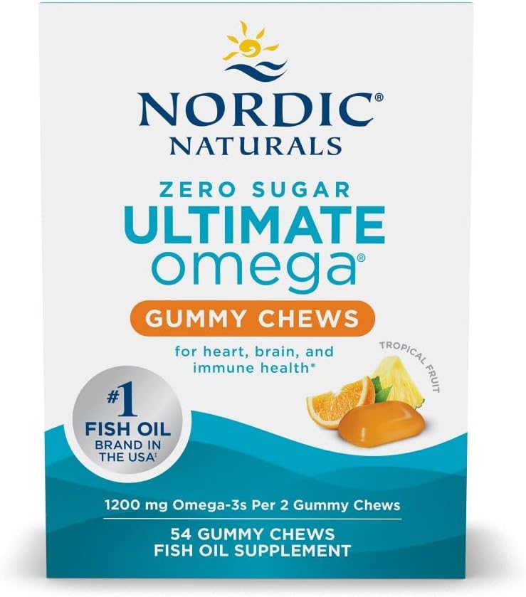 Nordic Averals Zero Sugar Ultimate Omega Gummy Chews - Tropical Fruit - 54 Gummy Chews - Non GMO - Optimal Wellness - 27 Servis