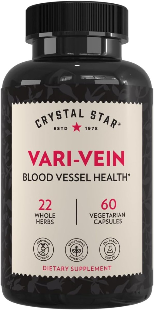 Crystal Star Vari-Vein (60 capsules) - Herbal Circulation Support Supplement for Varicose Veins & Spider Veins Treatment - Witch Hazel, Butcher