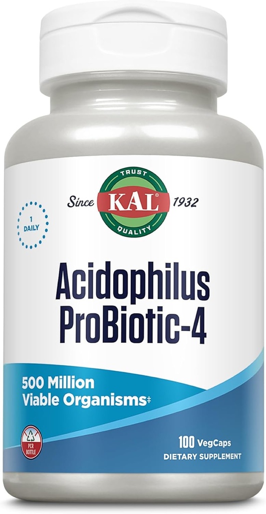 KAL Acidophilus ProBiotic-4, 500 miliónov CFU, štyri probiotické kmene, probiotiká pre ženy a mužov, mrazené sušené, L. acidophilus, L. bulgaricus, S. thermophilus, B. bifidum, 100 Servings, 100 VegCaps