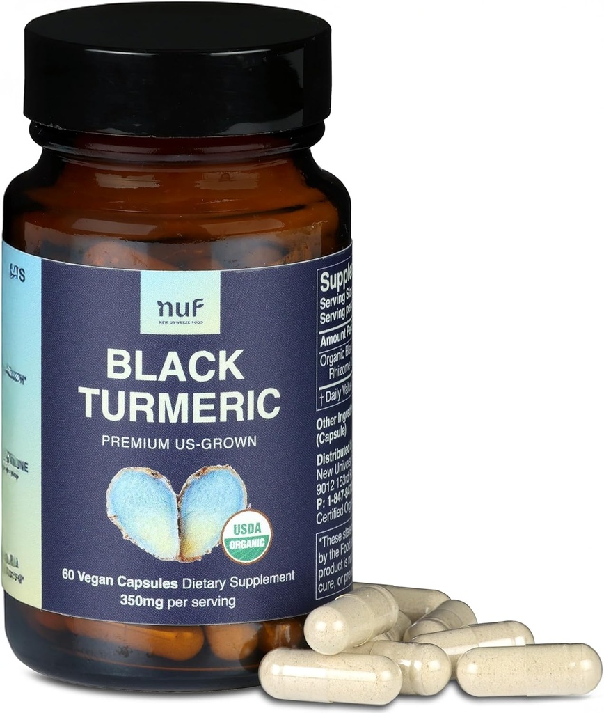 NUF- Organic Black Turmeric 350mg Whole Root Vegan Capsules- US Grown- Gluten Free - Non GMO- Joint Support - Egészséges gyulladásos válasz - Megfelelő immunfunkció
