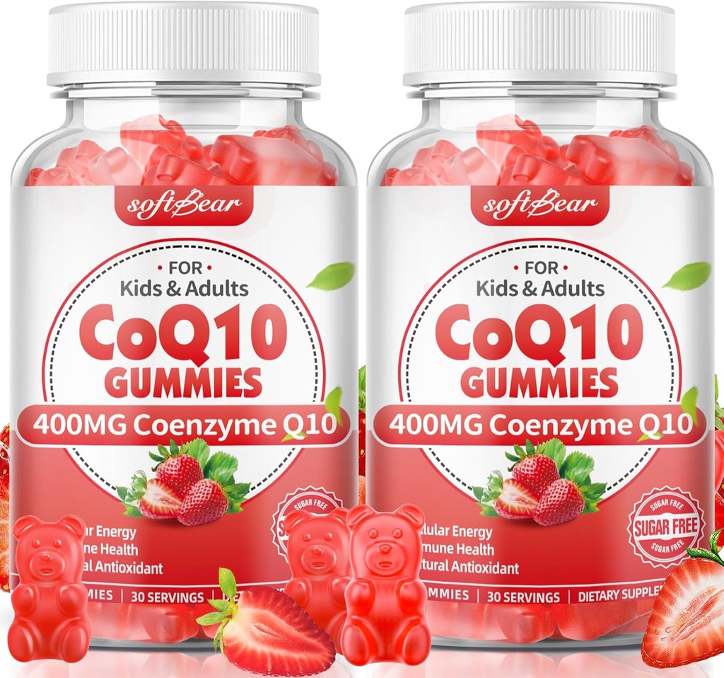 softbear CoQ10 Gummies 400mg Coenzym Q10 Ergänzung für Erwachsene, hohe Absorption coq10 Plus Omega-3, Magnesium, Vitamin B3 & Zink für Zelluläre Energie & Antioxidans, Erdbeer Flavor 120 Zähler