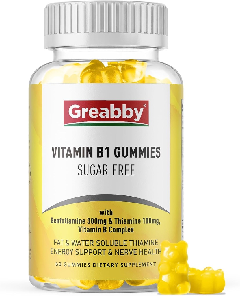 B1-vitamiini Gummies - benfotiamiini 300 mg & tiamiini 100 mg, sokeriton, B-vitamiini Complex purutabletti, energia Boost & Hermojärjestelmä terveys naisille, 60 Gummie
