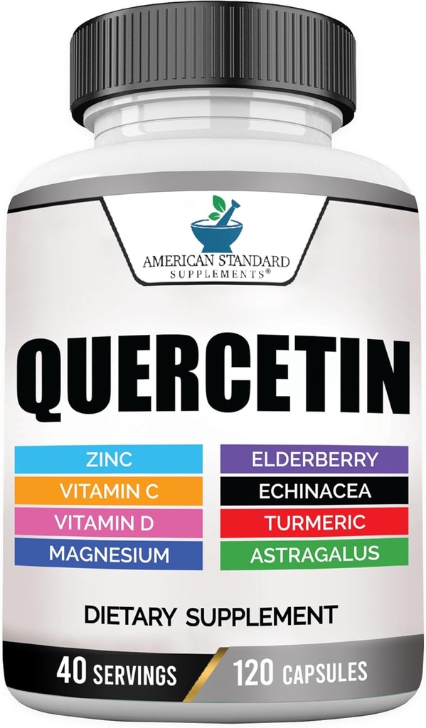 American Standard Supplements Quercetin 1000mg Per Serving Tsink, C-vitamiin, D3-vitamiin, magneesium, Elderberry, Echinacea, Kurkum, Astragalus - Gluteenivaba, Non-GMO, 120 kapslit, 40 Serving