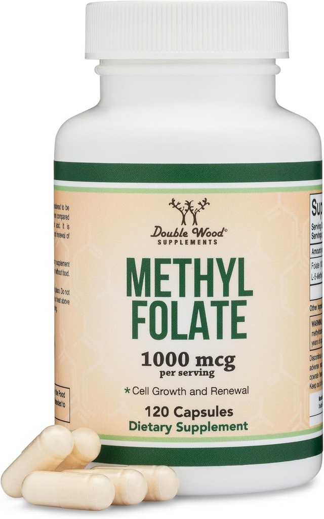 Methylfolate 1.000mcg, 120 capsule (Third Party Tested Methyl Folate Supplement) Folate etilato è una forma più attiva di Folate Than Folic Acid (Non-GMO, Vegan Safe) di Double Wood