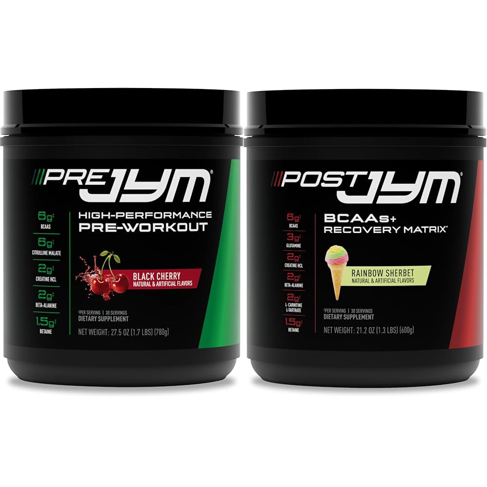 PRE JYM 30 Black Cherry & Post JYM Rainbow Sherbert Post-Workout 30 Servings Muscle Recovery Drink