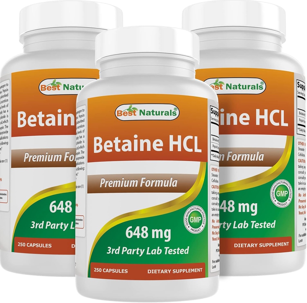 Best Naturals Betaine HCL 648 mg 250 Cápsulas (250 Conde de 3)