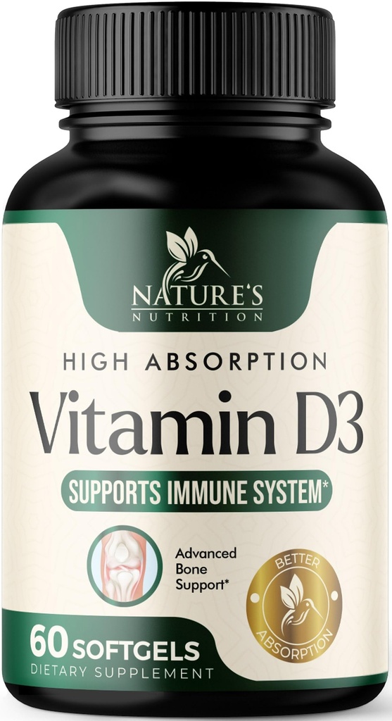 Vitamin D3 5000 IU 125 mcg Per Serving - Extra Strength Vitamin D for Bone Health, Teeth, Muscle & Immune Support - High Absorption D3 Supplement - Non-GMO Gluten Free - USA Bottled - 60 Softgels
