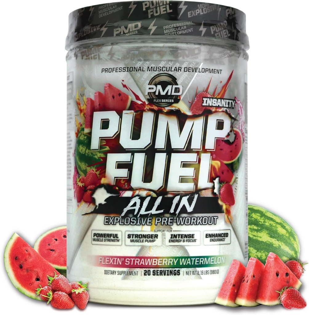 PMD Sports Pump Fuel All in Insanity, Ultimate Pre Workout " Muscle Pump, Maximum Strength Energy, Focus, Endurance " Recovery, Creatine " Beta Alanine, Flexin’ Strawberry Watermelon (20 Servings)
