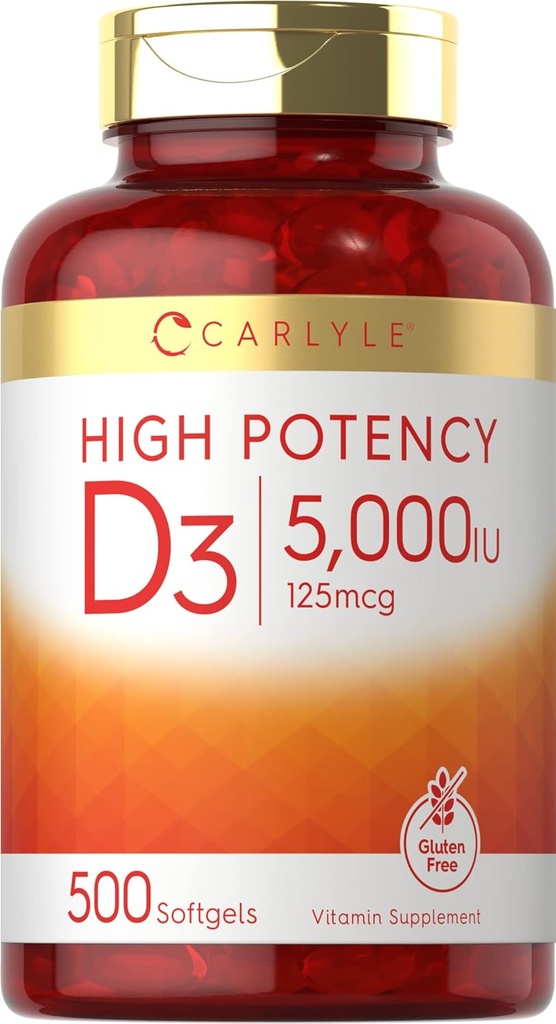 Carlyle D3-vitamin 5000 NE Softzfell-124; 500 Count-124; Value Size-124; Non-GMO és Gluten Free Supplement-124; High Potency Formula-124; 125mcg