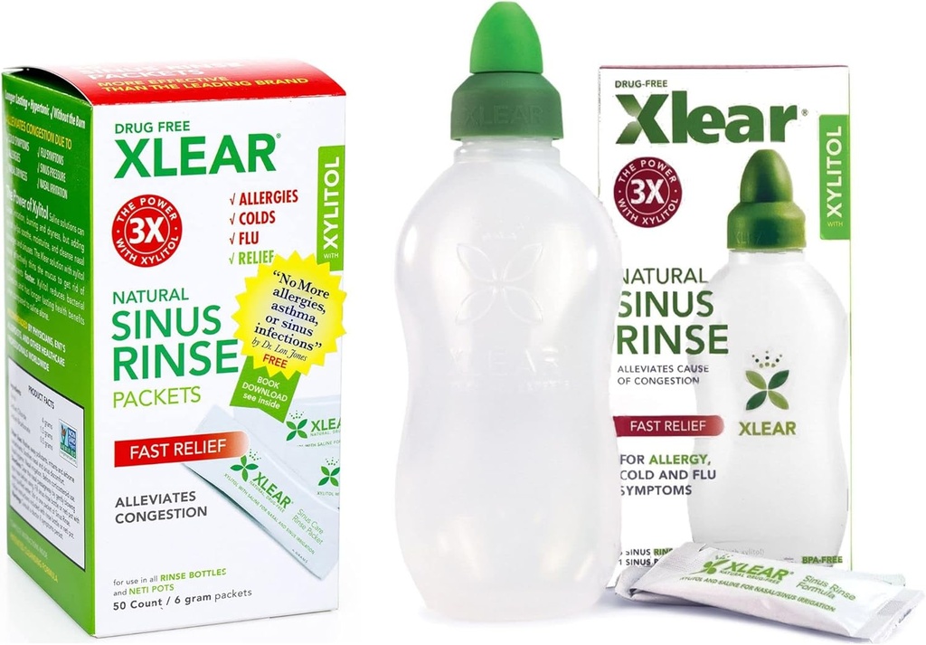 Xlear Natural Xylitol Sinus Rinse Refill, Neti Pot Saline Packets - Nose Cleaner for Fast Pressure and Congestion Relief, Works with Most Nasal Irrigation Systems, 50 Count and 1 Rinse Bottle