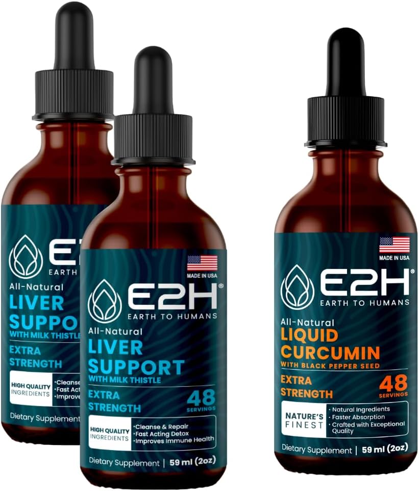 E2H: Liver Support Supplement (2 Pack - 4 Fl Oz) and Liquid Turmeric Curcumin (Single Bottle - 2 Fl Oz) | Vegan, Non-GMO - (6 Fl Oz Total) - Bundle