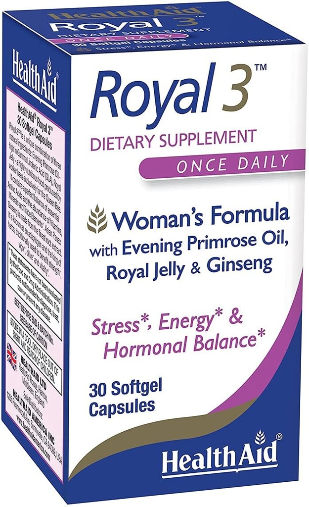 HealthAid Royal 3, Evening Primrose Oil, Royal Jelly, Ginseng, Once Daily, 30 kapsula