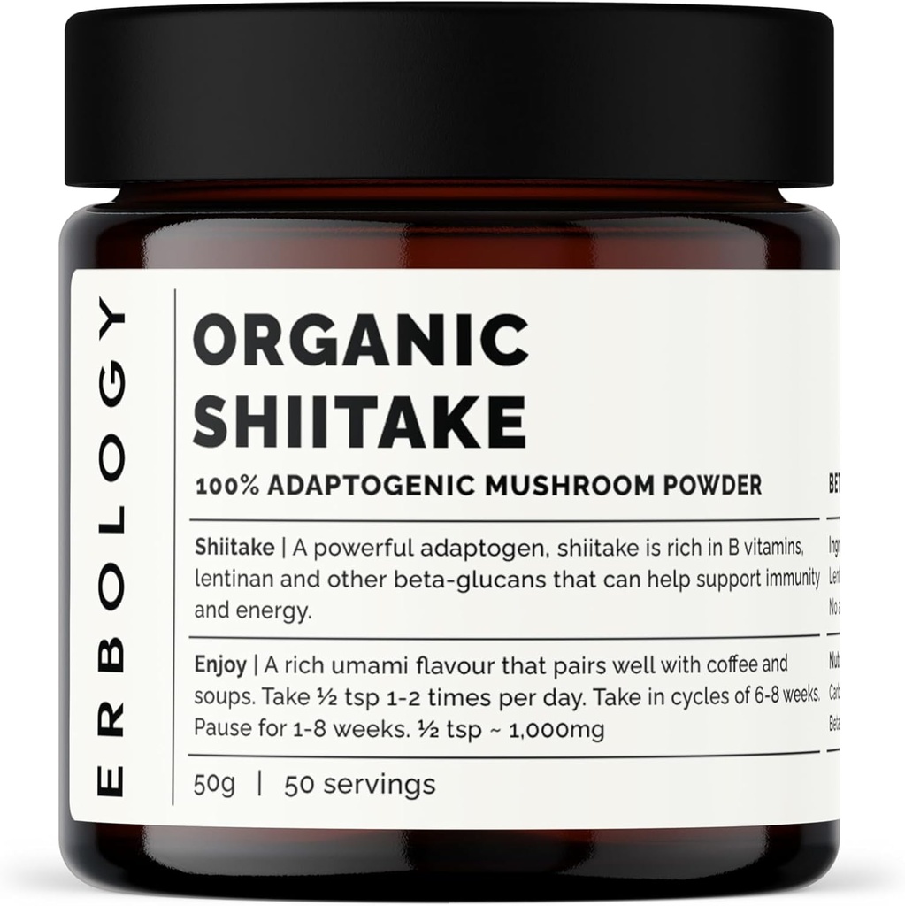 Erbologi Organic Shiitake Mashroom Powder - 11% Beta- gnagans - Imunity and Energy - Lentinula edodes - Small Batch - Sumpably Grown in Eropa - Vegan - Non-GMO