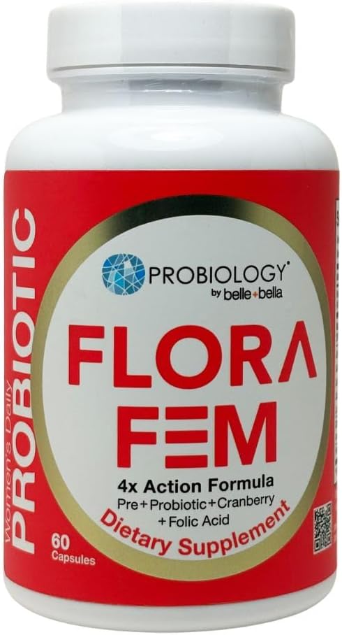Belle+Bella Probiologia Flora Fem - Probiotici giornalieri per le donne - 4X Azione Prebiotico + Probiotico + Cranberry + Acido Folico per Digestivo, Tratto urinario, Salute riproduttiva e vaginale - 60 Caps