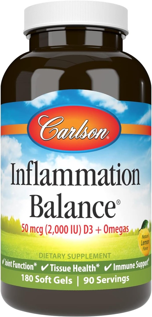 Carlson - Iekaisums Līdzsvars, līdzsvarota omega 3 un omega 6 attiecība, ar D3, Norvēģijas, Savvaļas nozvejota zivju eļļa Papildinājums ar taukskābēm, Ilgspējīgi Izspiestas zivju eļļas kapsulas, 180 Softgels