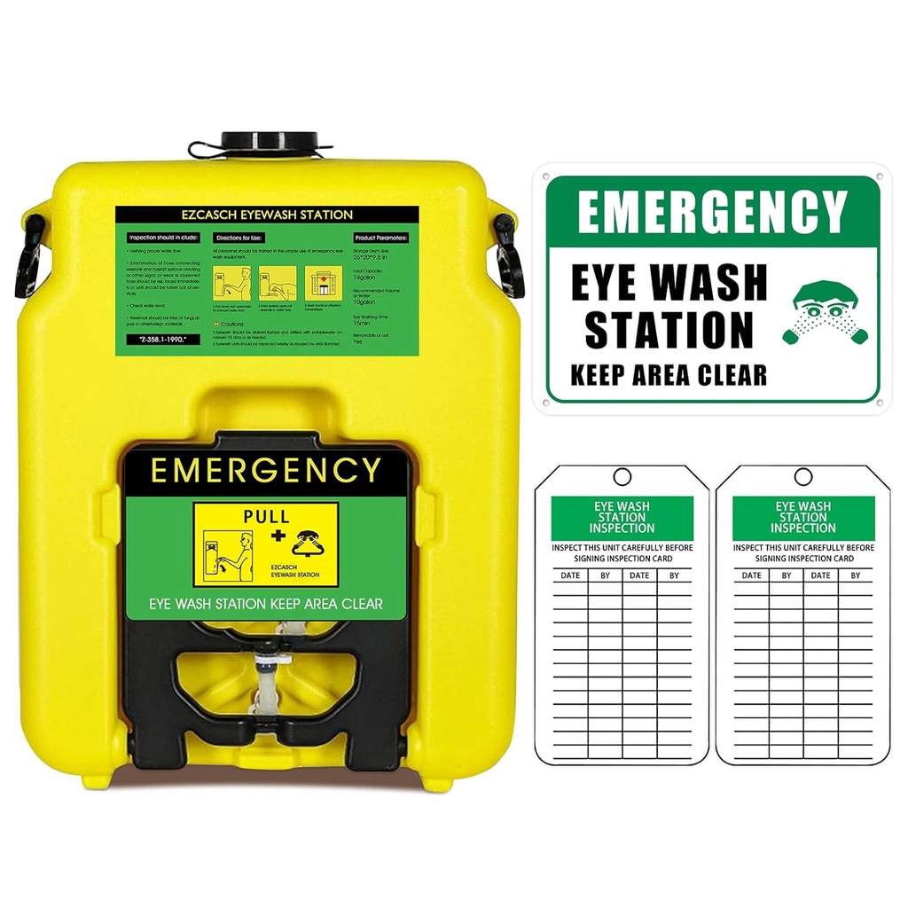 Portable Eyewash Station 14-gallon OSHA approvato con One Station Sign e due etichette di ispezione, parete montata Gravity-Flow Indoors and Out, 53L Refillable Eyewash Station Heavy Duty, giallo