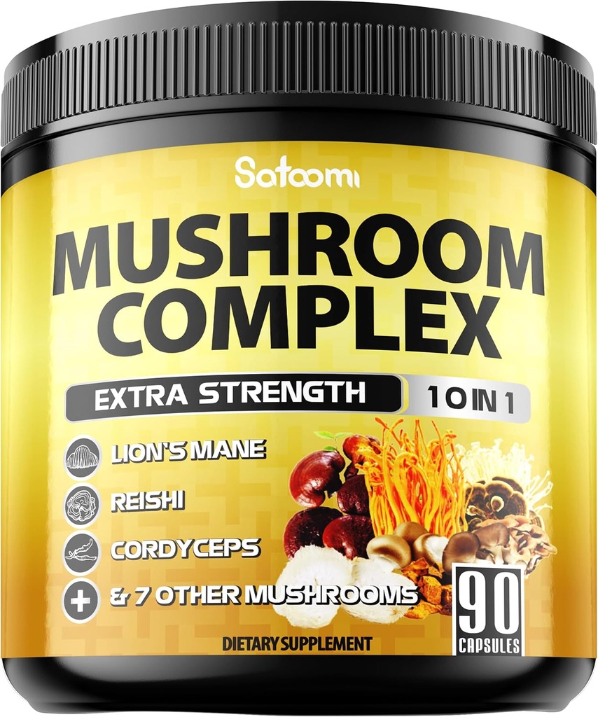 Satoomi 10in1 Gomba kiegészítés Complex - Lions Mane, Cordyceps, Reishi, Chaga és 6 további - Brain kiegészítők memória & Fókusz - 90 gróf - 3 hónap ellátás