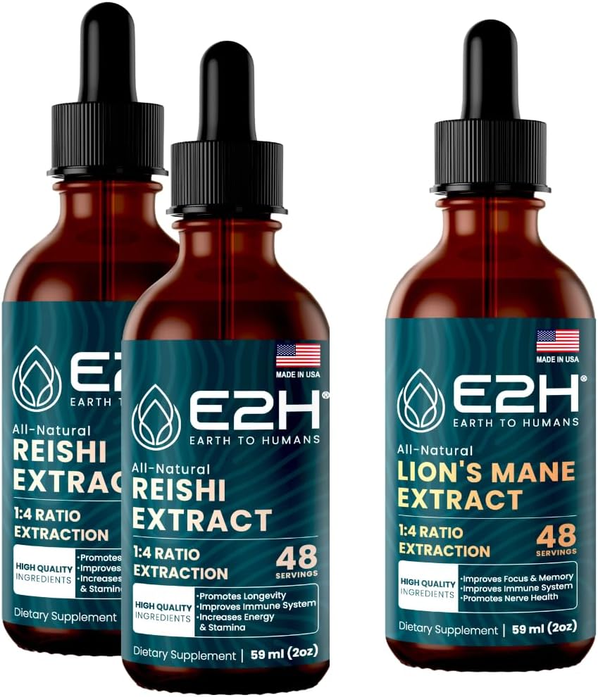 E2H: Reishi (2 Pack) eta Lion's Mane Extracts - Energia, Longevity, Cognitive Sharpness, Immunity - Non-GMO, Vegan - 2 Fl Oz Each (6 Fl Oz Total) - Bundle