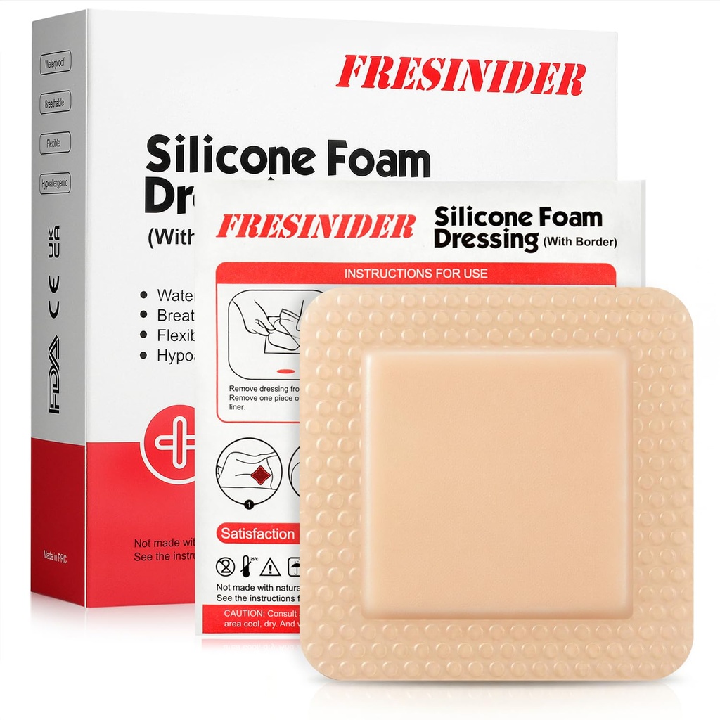 FRESINIDER Silicone Foam Dressing with Adhesive Border – Wound Dressing Bandage – Silicone Foam Pad – Pack of 10 – 4 x 4 Inches Large Waterproof Bandages – Self Adhesive Wound Care and Dressings