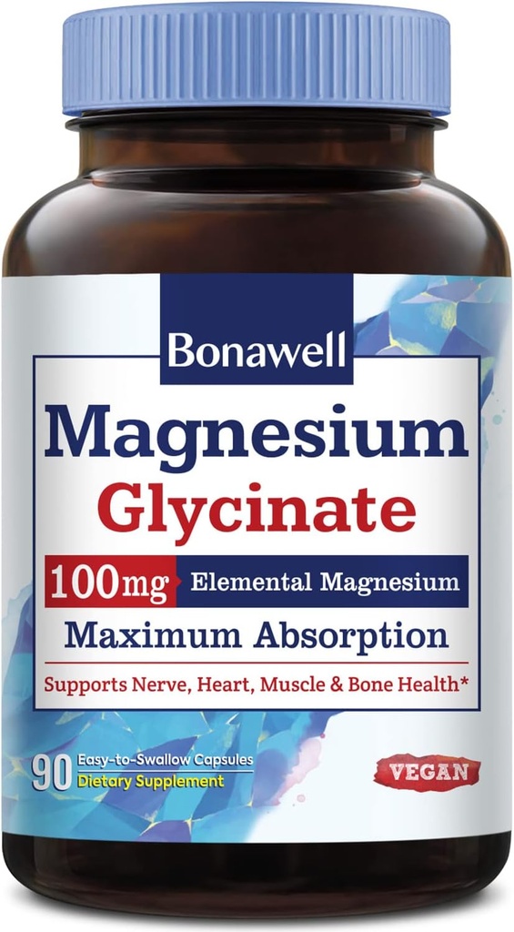 Bonawell Magnezyum Glycinate, Chelated maqnit, Maksimum Bioavailability & Absoreksiya, No Gluten, 100mg Elemental maşın, Nerve, Heart, Muscle Health & Relaxation, 90 Vegan Capsules