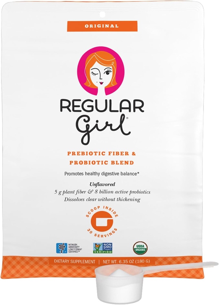 Fille en poudre biologique régulière, supplément de fibre prébiotique et probiotiques pour les femmes, faible FODMAP, 30 portions, sans saveur
