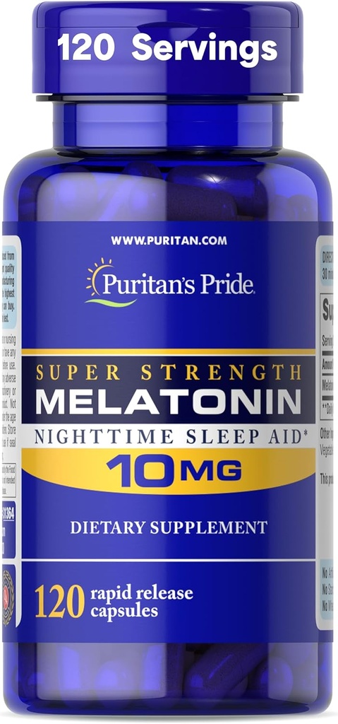 Puritan's Pride Premium Super Strength Melatonin 10mg Schlafhilfe, Nahrungsergänzung für Sound, Restauration und längere Schlafunterstützung, 4 Monate Versorgung, 120 Rapid Release Capsules (Packaging May Vary)