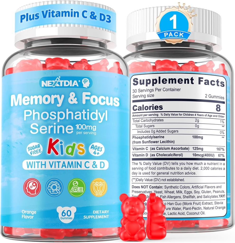Phosphatidylserine suplementari 100mmg, Focus Gavets per a nens adolescents +nata C & D3 400IU, Sugar Free Tenopatia, Augmenta l'atenció, Chewable, Vegan, Guten Free, No-GO 60Ct