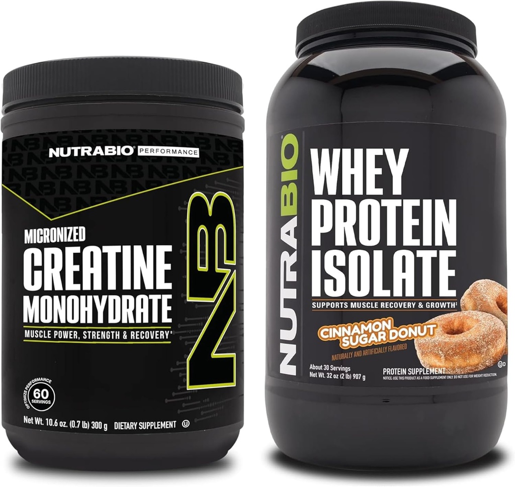 NutraBio Creatina Mono-hidratada, Sem sabor, 300g e proteína de Whey Isolate, Donut de açúcar canela, Suplemento Bundle - Energia muscular, Crescimento muscular magra, Recuperação e Força