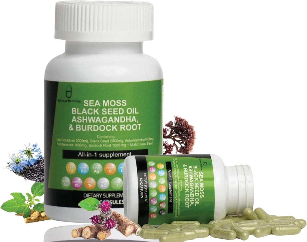 Sea Moss Capsules - 60 Capsules Seamoss Black Beneed Oil Ashwagandha Burdock Root Suplement, Irish Sea Moss Suplement dengan Vitamin C D3 Manuka & Dandelion, Suplemen Mineral Multi