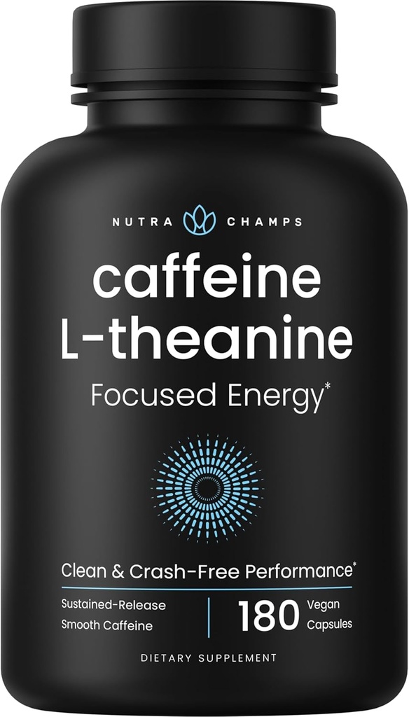 Koffein Pillen mit L-Theanin für fokussierte Energie, glatte & saubere Energie Ergänzung für Fokus & Performance, kein Crash, keine Jitter, 60 Vegan Energy Pills