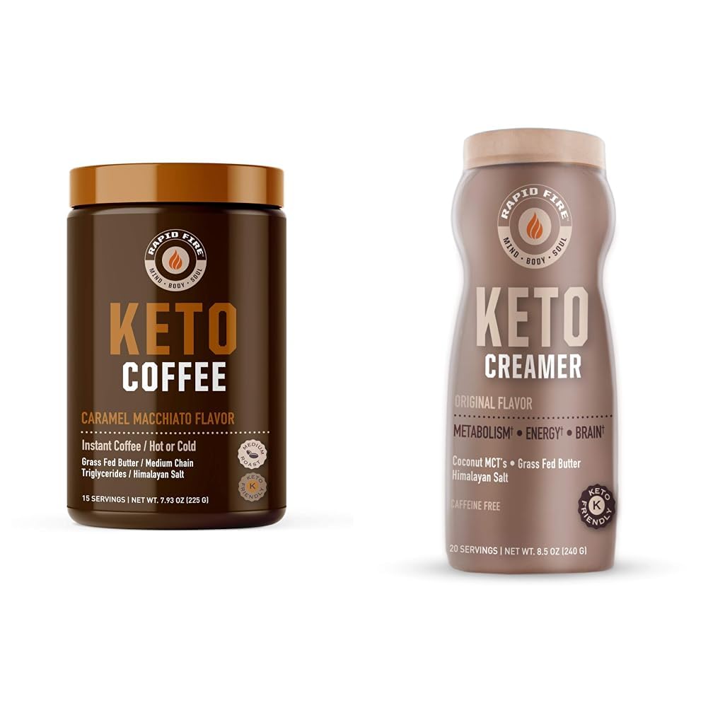 Rapid Fire Ketogenic Coffee Mix Caramel Macchiato with MCT Creamer, Supports Metabolism, Weight Loss, Keto Diet, 7.93 and 8.5 Ounces