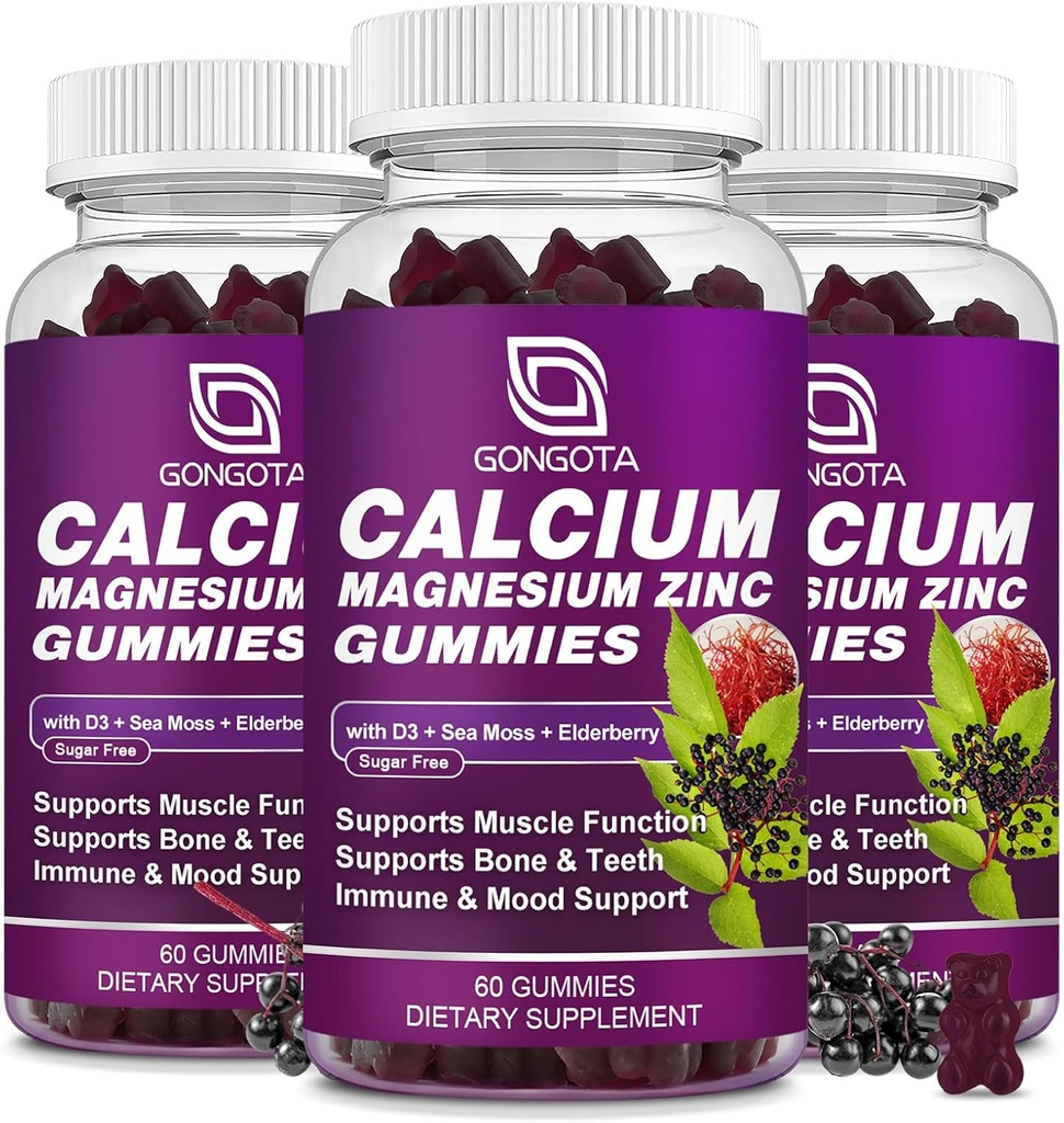 GONGOTA Calcium Magnesium Zinc with Vitamin D3 Supplement, Highly Absorbent Calcium Gummies with 300mg Magnesium glycinate Support Bone & Teeth, Muscle for Adults and Teens,Sugar Free, Vegan (3 Pack)