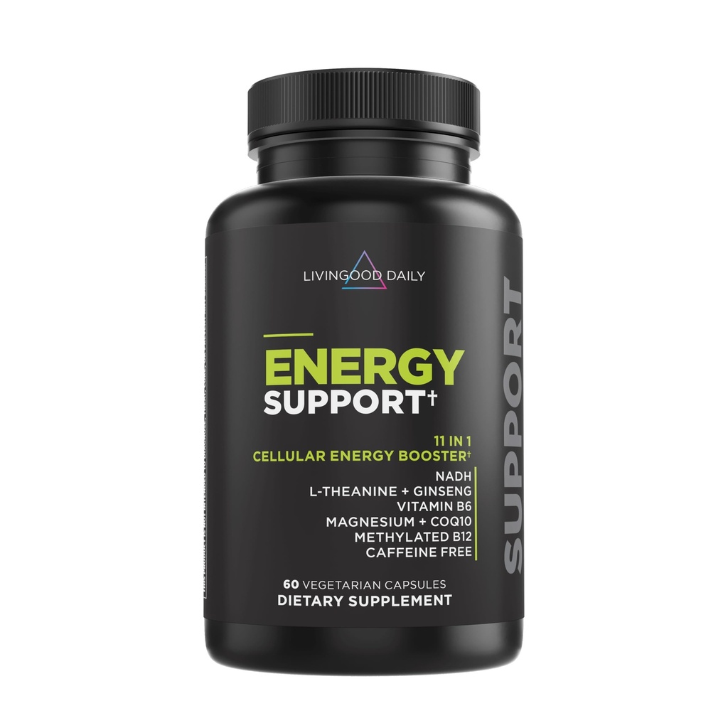 Livingood Daily Energy Support, 11-in-1 Supplement with Magnesium, Vitamin B6, B12, Amino Acids, L Carnitine, CoQ10, Ginseng & L Theanine, Supports Natural Energy for Men & Women, Vegan, 60 Capsules