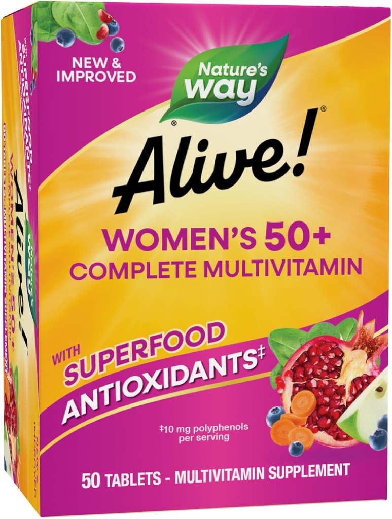 Nature's Way Alive! Women's 50+ Complete Multivitamines, Unterstützt gesundes Herz, Gehirn, Knochen*, Superfood Antioxidants(1), B-Vitamine, Glutenfrei, 50 Tabletten (Packaging May Vary)