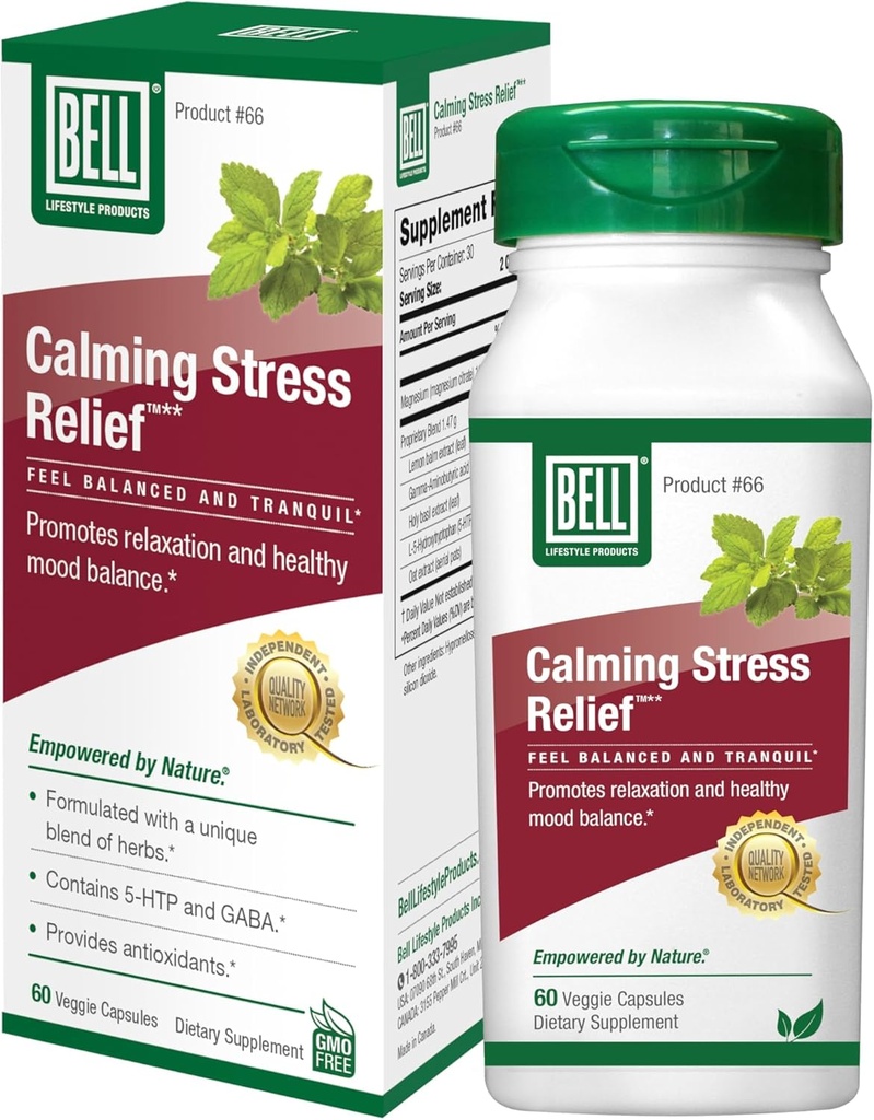 Bell Life Style Calming Relief Herbal Blend with 5-HTP & GABA 压力支持和放松,60 Veggie 卡普尔