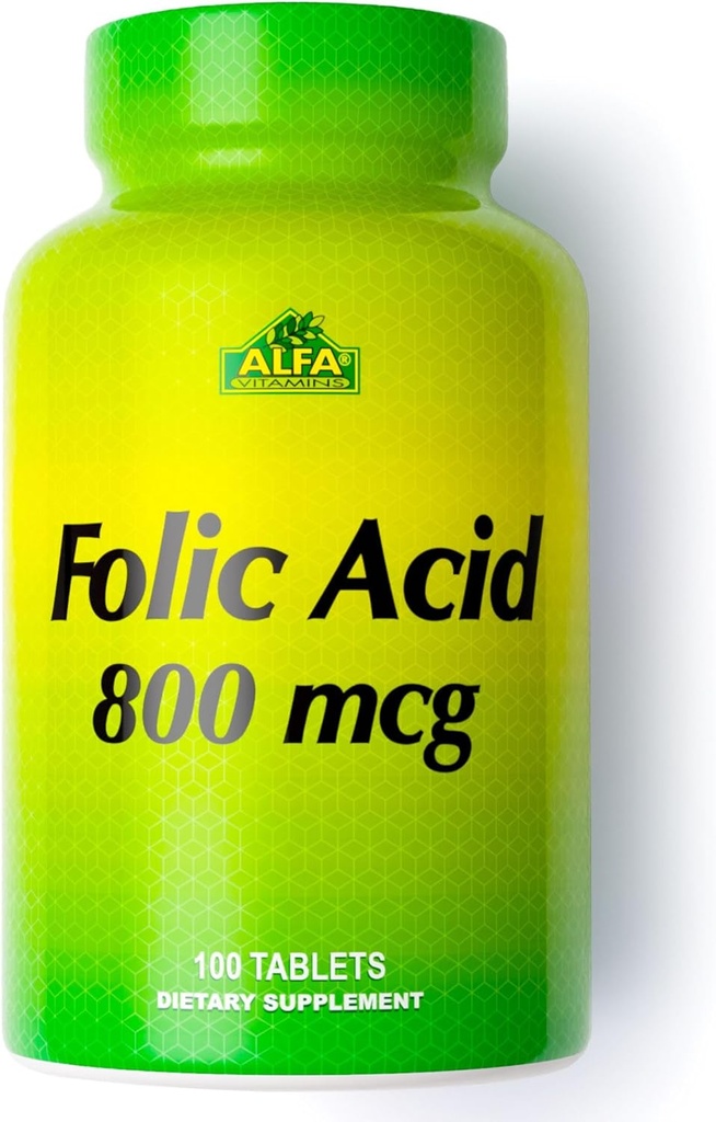 ALFA VITAMINER Folinsyre 800 mikrog Prenatal Supplement, støtter kardiovaskulær helse, Kropp og hjerne funksjoner, rød blodcelleformasjon og sunn Fetal utvikling, kosttilskudd, 100 tabletter