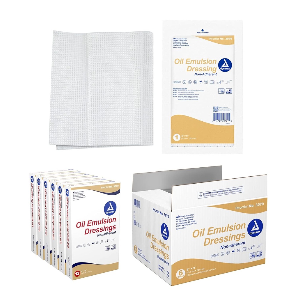 Dynarex Oil Emulsion Dressings, Wound Care, Absorbent, 5” x 9” Sterile Knitted Gauze Dressing with Emulsion Blend of Petrolatum and Sunflower Oil, 6 Boxes of 12 Oil Emulsion Dressings